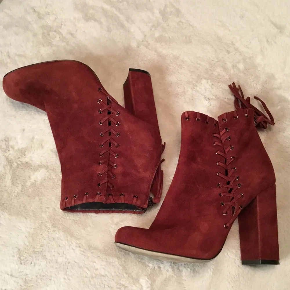 Karl Lagerfeld Sylvia Burgundy Red Chunky Heel Suede Ankle Boots Tassels - 6